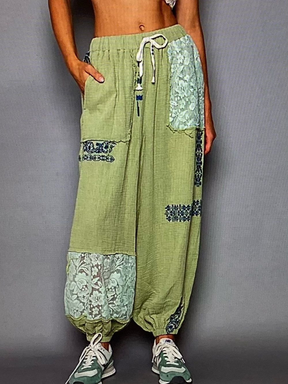 POL Light Green Patchwork Lace Jogger Pants